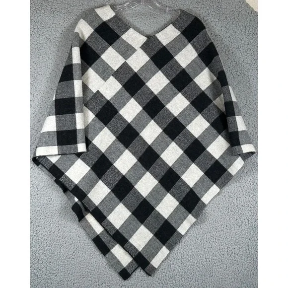 Lauren Ralph Lauren L/XL Black Ivory Plaid Fringe Wool Blend Poncho - Picture 4 of 9